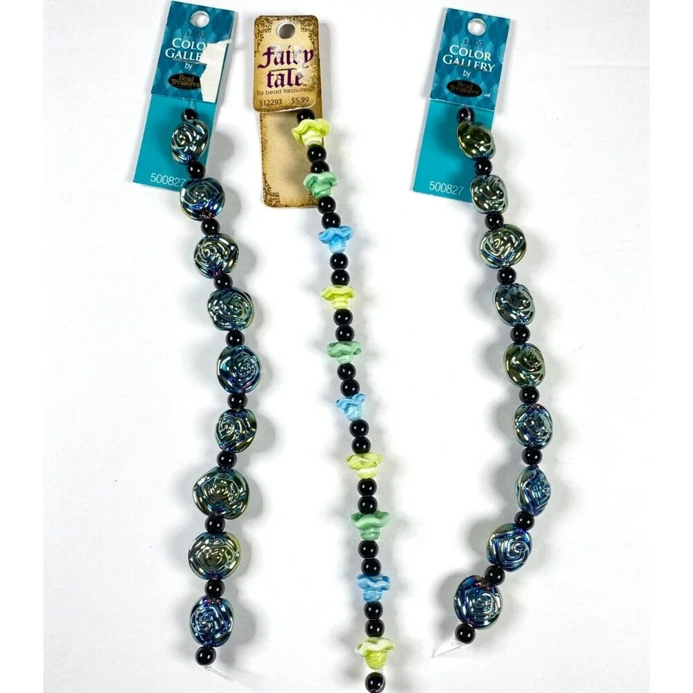 Bead Treasures Art Glass Beads Flower Jewelry Blue Green Iridescent Metallic Mix